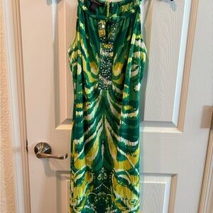 Sleeveless Green & Yellow Patterned Maxi Dress with Embellished Neckline